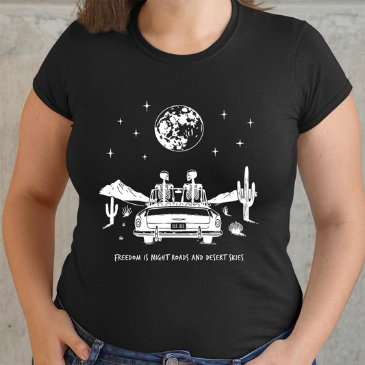 Freedom Is Night Roads & Desert Skies Skeleton Shirt Western Gothic Graphic Tee