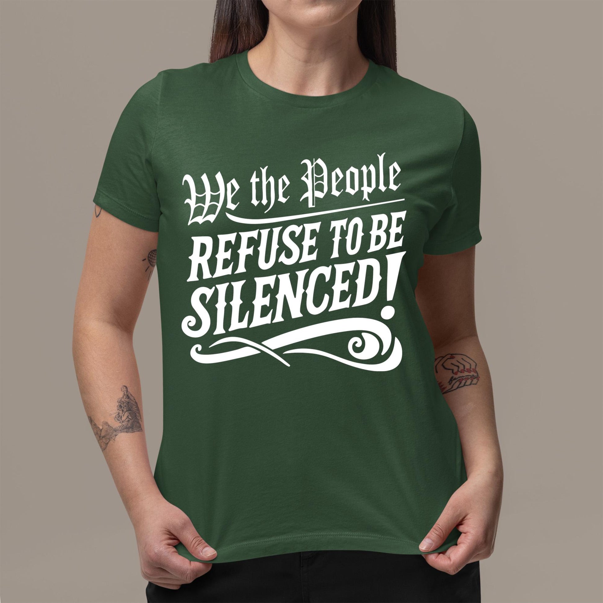 Freedom of speech t-shirt with powerful We The People Refuse to Be Silenced message, perfect for democratic activism and American pride events.