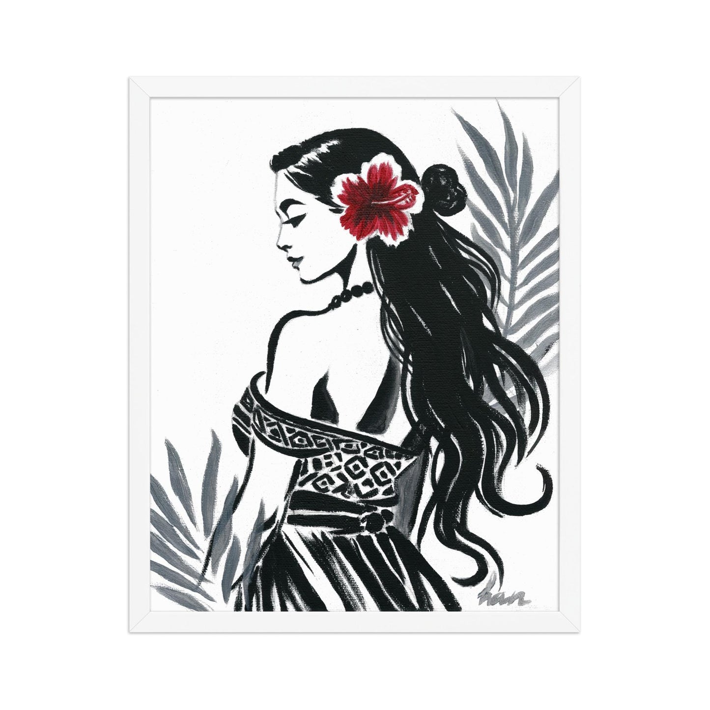 Tropical Hawaii island-inspired art print of an AAPI Polynesian hula dancer, minimalist boho decor with Pacific Islander cultural flair.