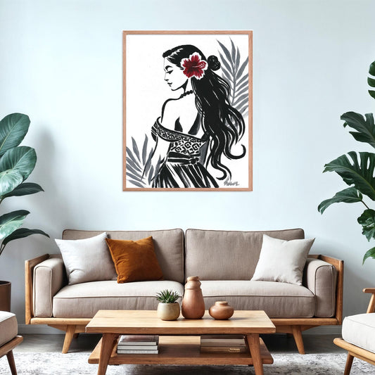 AAPI Polynesian girl acrylic painting featuring a Pacific Islander hula dancer, perfect for tropical island Hawaii art decor in modern boho homes.