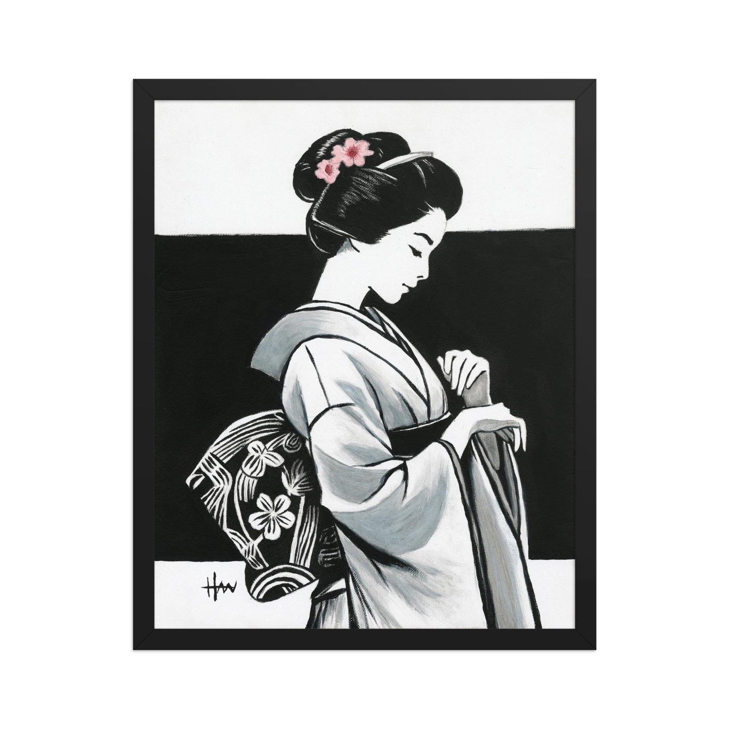 Zen-inspired acrylic painting of an oriental woman in kimono, Japanese geisha decor for modern Asian homes or cultural art collections.
