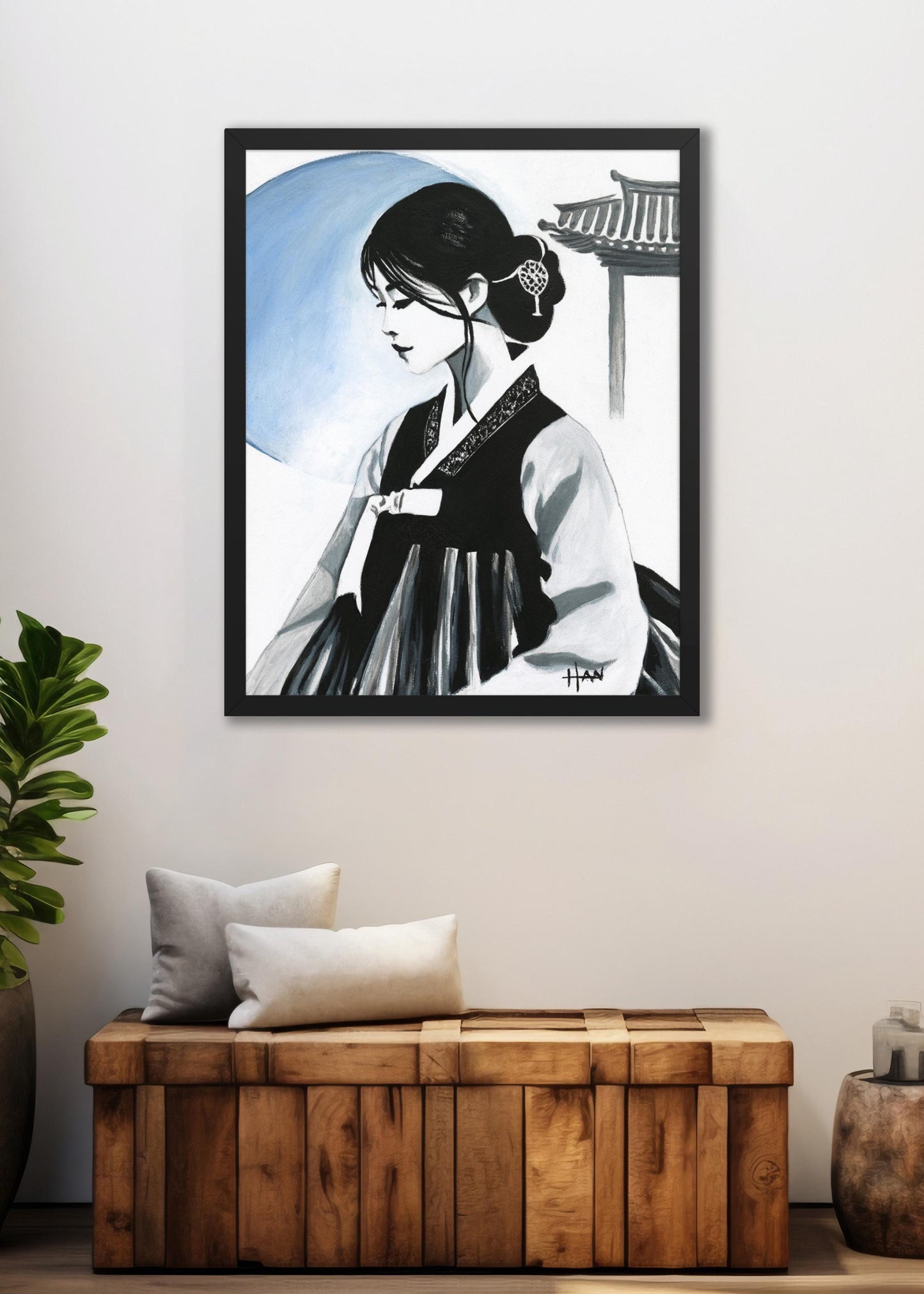 Elegant Korea Seoul art print of a woman in traditional hanbok, captured in a minimalist acrylic painting, ideal for Asian home decor and Korean cultural interiors.