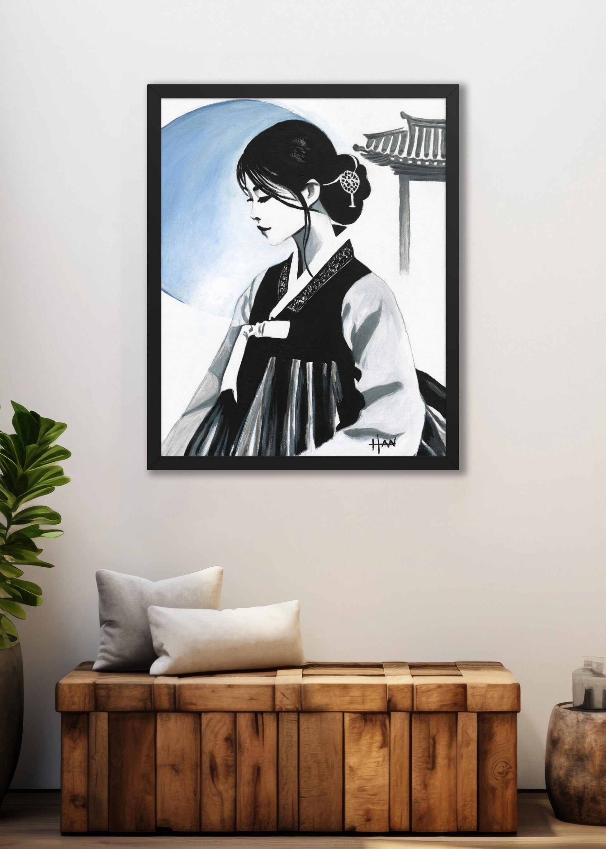 Elegant Korea Seoul art print of a woman in traditional hanbok, captured in a minimalist acrylic painting, ideal for Asian home decor and Korean cultural interiors.