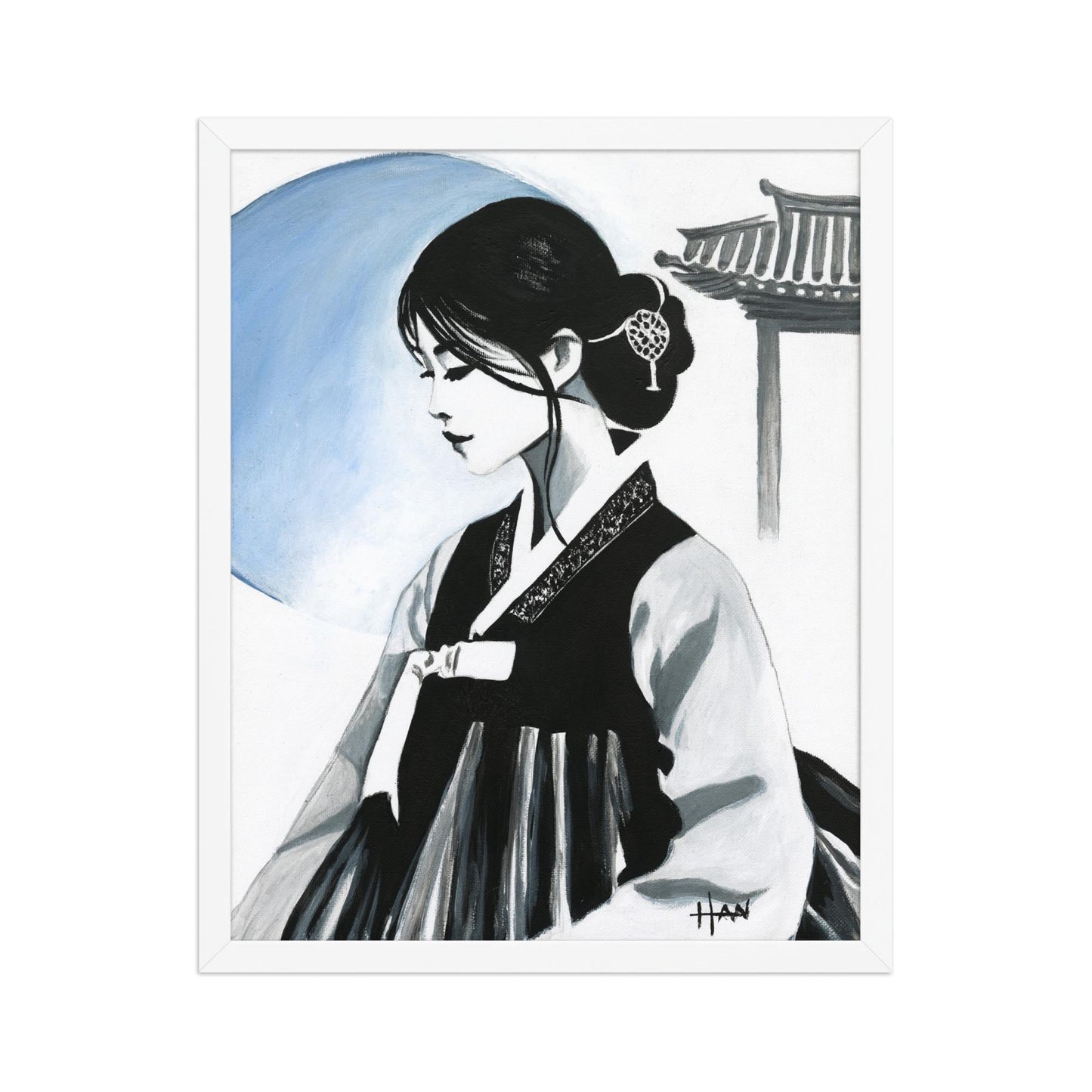 Modern minimalist Korean culture wall art print of a traditional Asian woman in hanbok, inspired by Korea Seoul art and captured in acrylic painting.