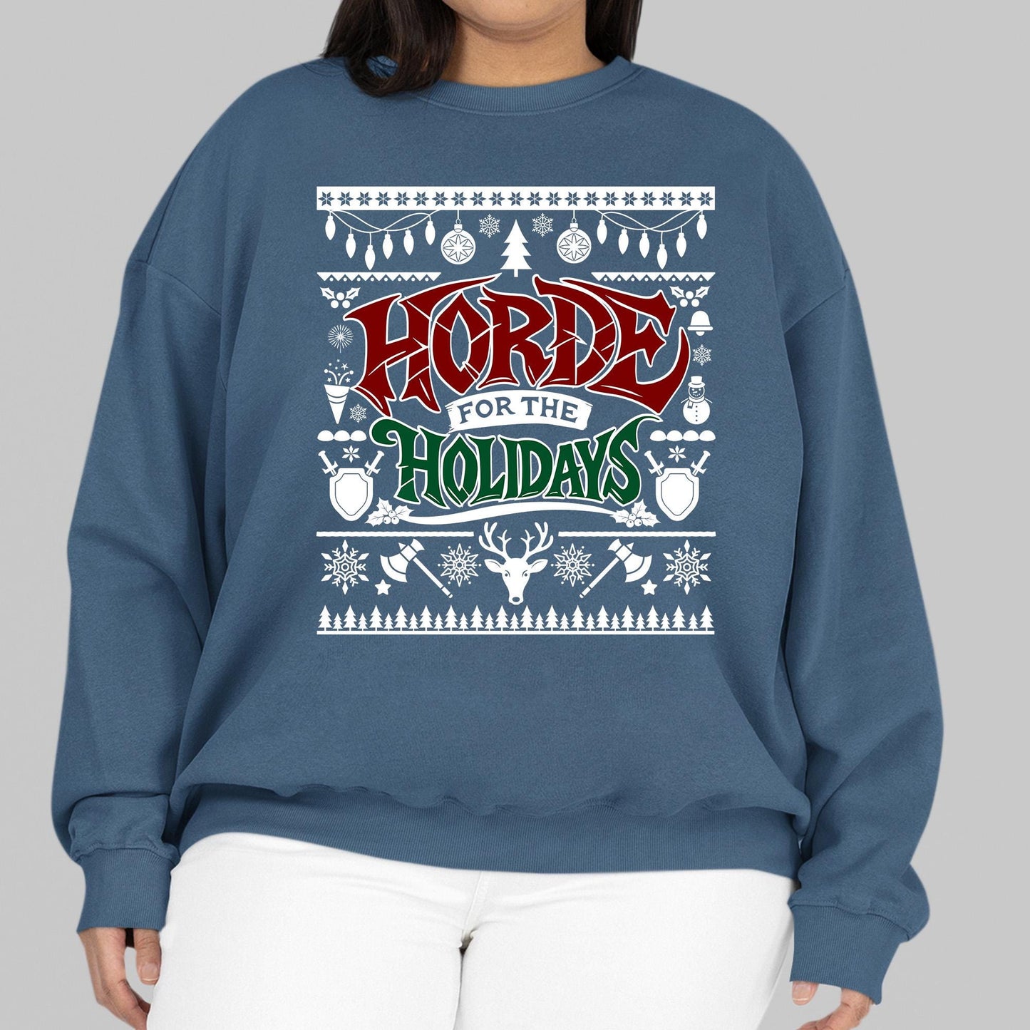 Horde Themed Ugly Christmas Sweatshirt – Celebrate the season with a funny Warcraft holiday sweater made for proud Horde gamers and RPG fans.