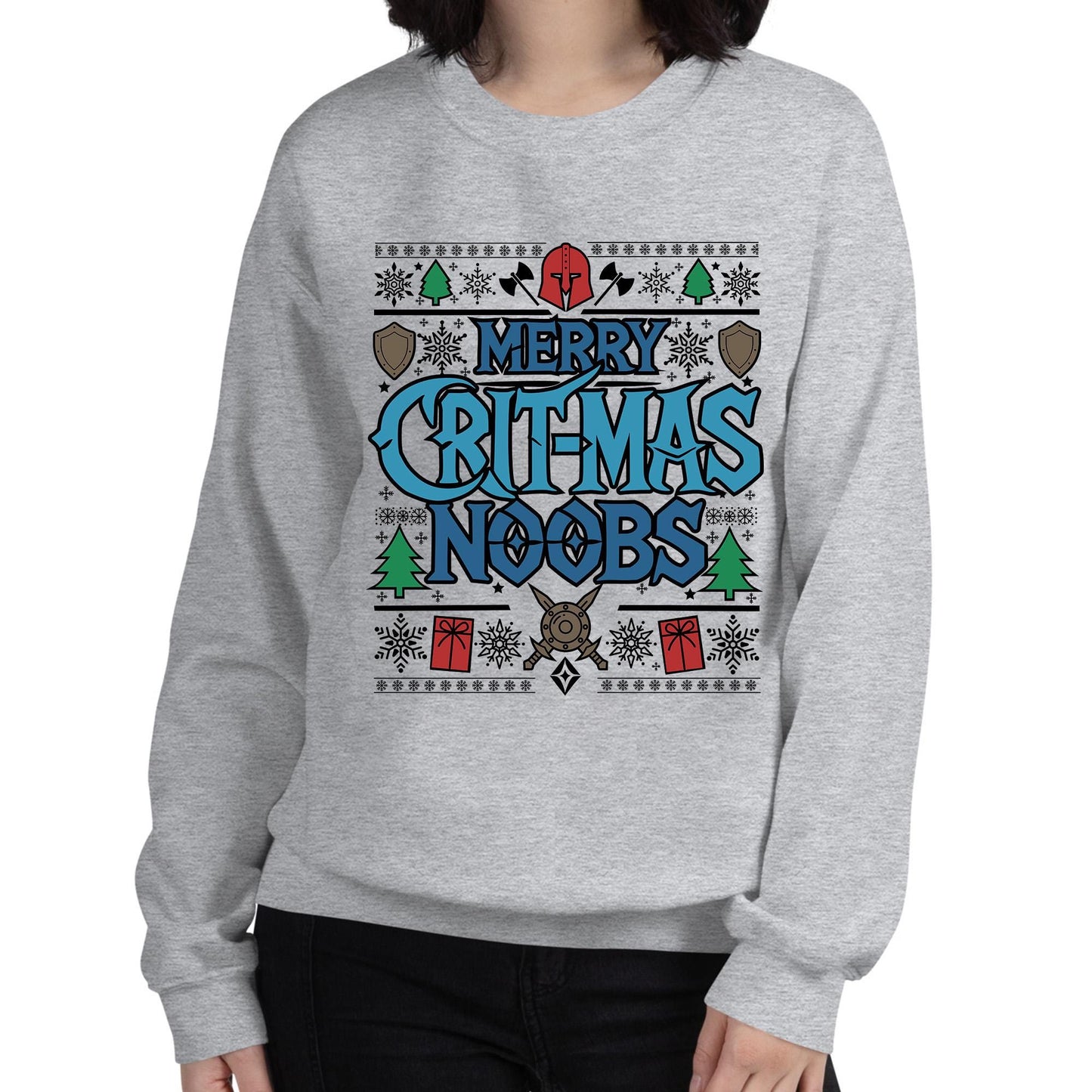 Crit-Mas Noobs Gamer Christmas Sweatshirt – Hilarious gaming-themed ugly sweater for fantasy RPG fans who love MMORPGs and tabletop adventures.