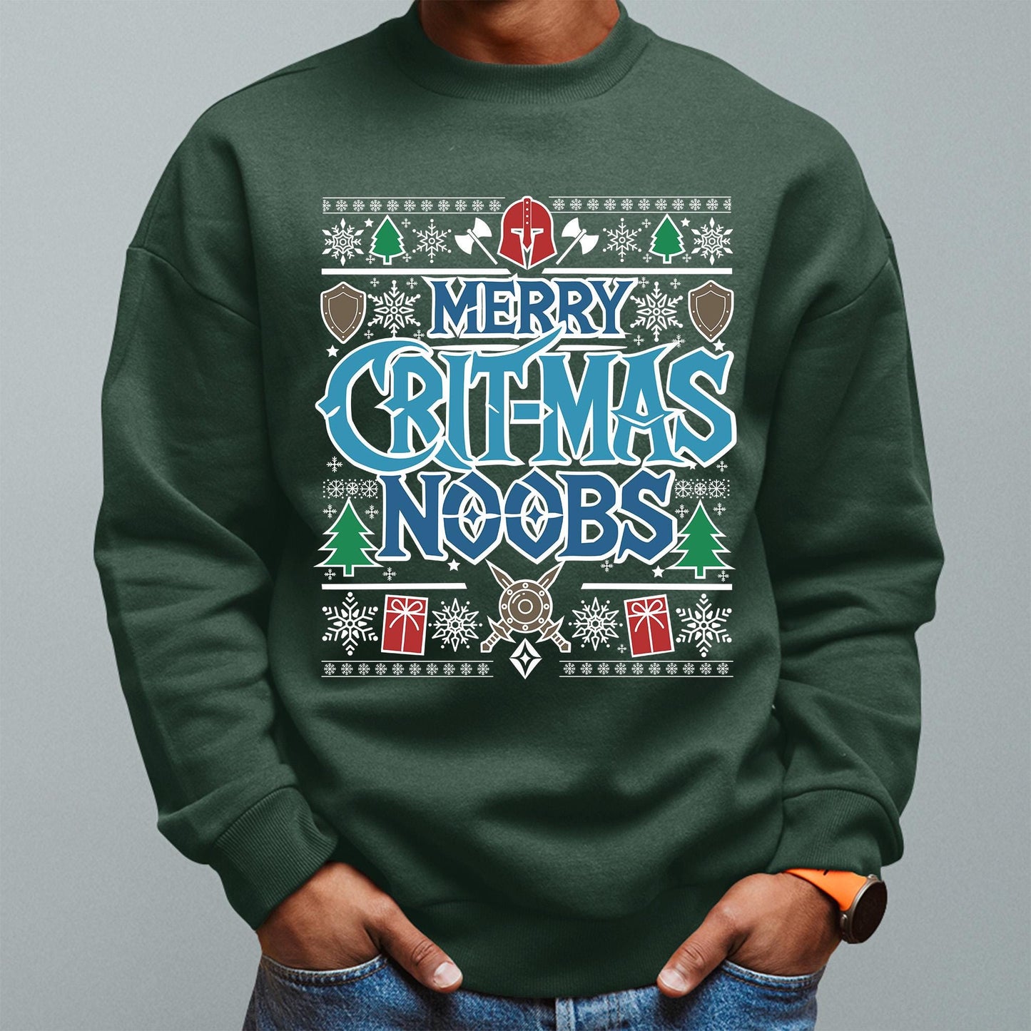 WoW D&D MTG Holiday Cozy Sweatshirt – RPG-themed holiday apparel perfect for tabletop and online gamers, featuring humorous Crit-Mas design.