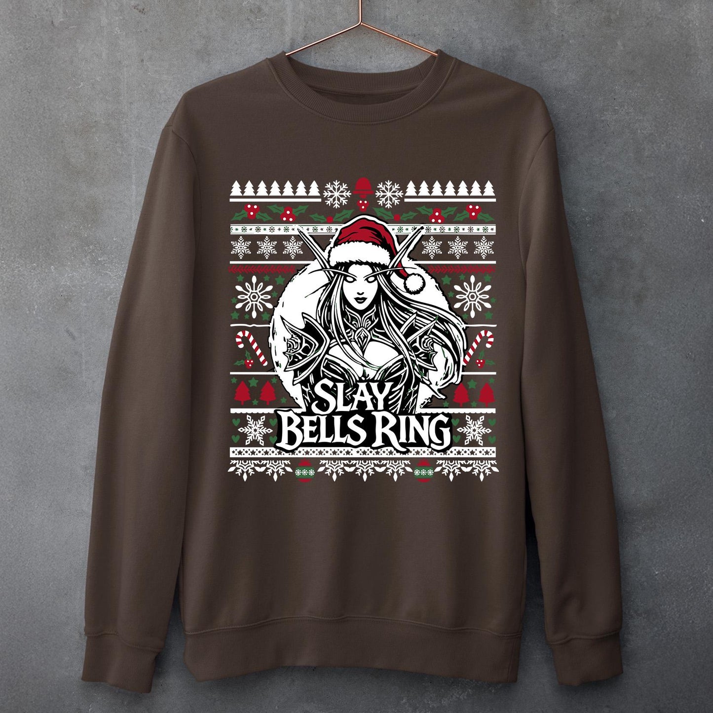 Slay Bells Ring WoW Holiday Sweater – A playful take on holiday cheer for World of Warcraft fans and fantasy game lovers.