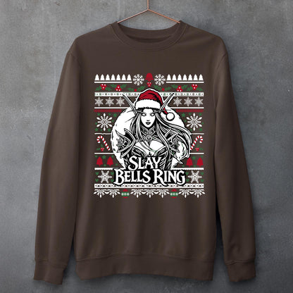 Slay Bells Ring WoW Holiday Sweater – A playful take on holiday cheer for World of Warcraft fans and fantasy game lovers.