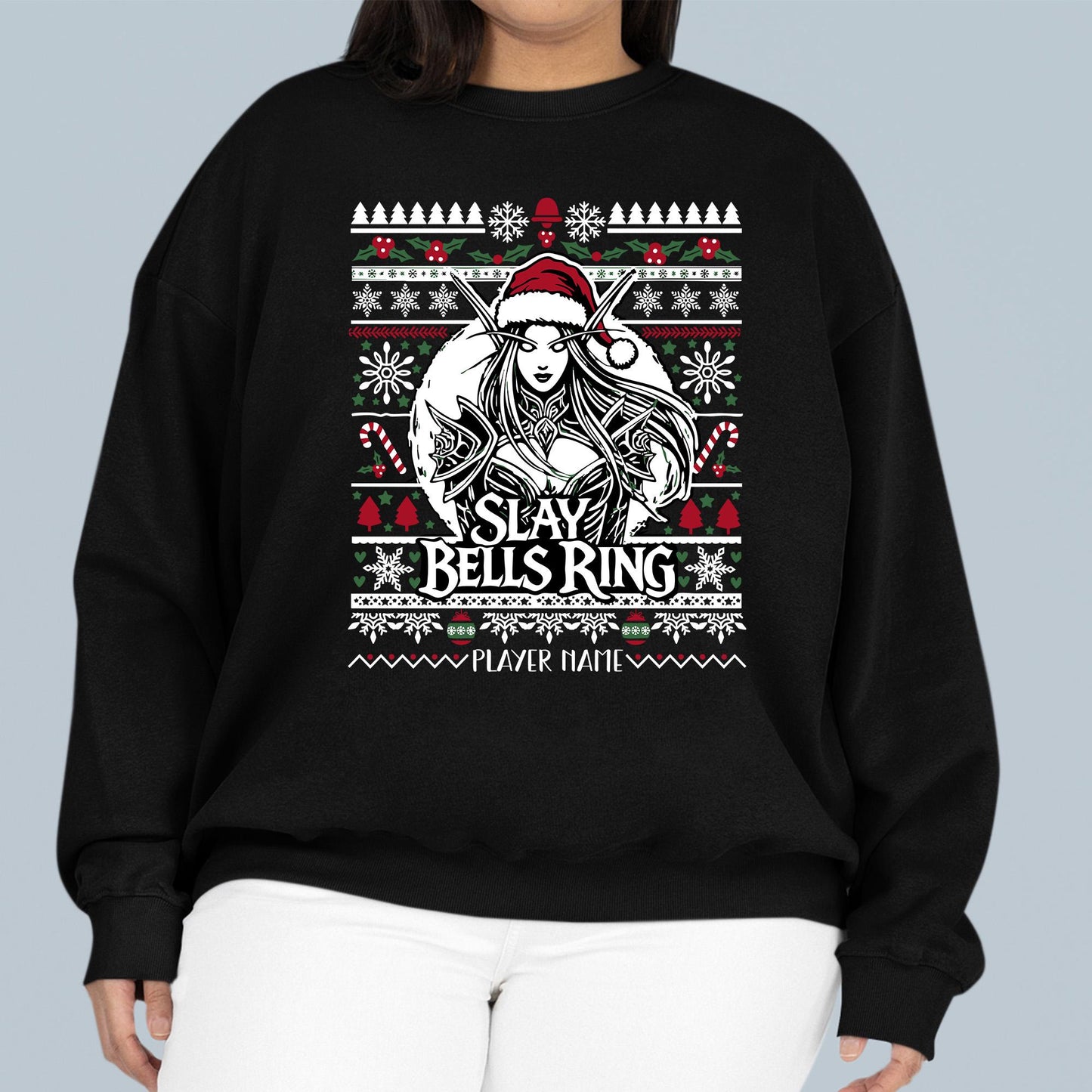 Personalize Slay Bells Ring Ugly Christmas Sweater – Custom holiday sweatshirt for gamer girls who love WoW, D&D, and festive fantasy fun.