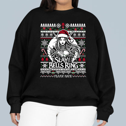 Personalize Slay Bells Ring Ugly Christmas Sweater – Custom holiday sweatshirt for gamer girls who love WoW, D&D, and festive fantasy fun.