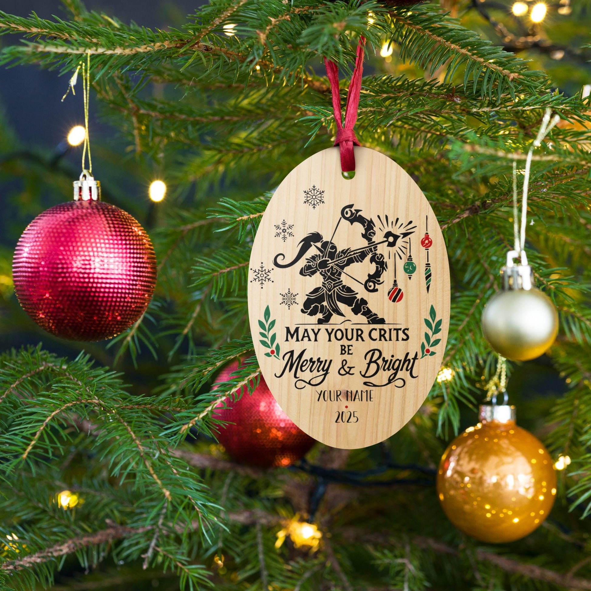 Personalize May Your Crits Be Merry and Bright Gamer Ornament – Funny RPG holiday decor for DnD, WoW, and MTG fans.
