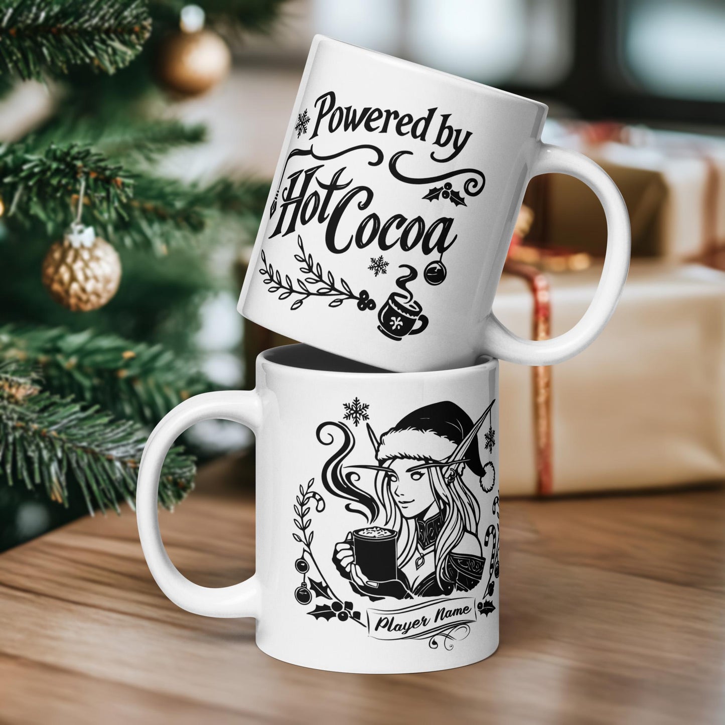 Personalize Powered by Hot Cocoa Gamer Girl Coffee Mug, World of Warcraft Gamer Girl Mug WoW D&D MTG Christmas Gamer Gift Holiday Gaming Cup