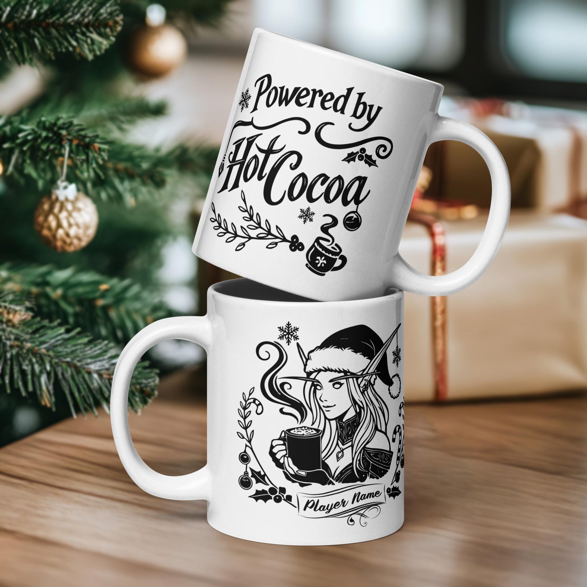 Personalize Powered by Hot Cocoa Gamer Girl Coffee Mug, World of Warcraft Gamer Girl Mug WoW D&D MTG Christmas Gamer Gift Holiday Gaming Cup