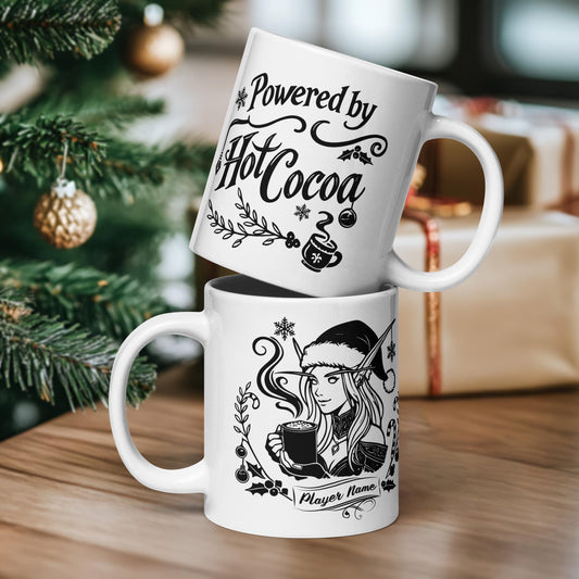 Personalize Powered by Hot Cocoa Gamer Girl Coffee Mug, World of Warcraft Gamer Girl Mug WoW D&D MTG Christmas Gamer Gift Holiday Gaming Cup