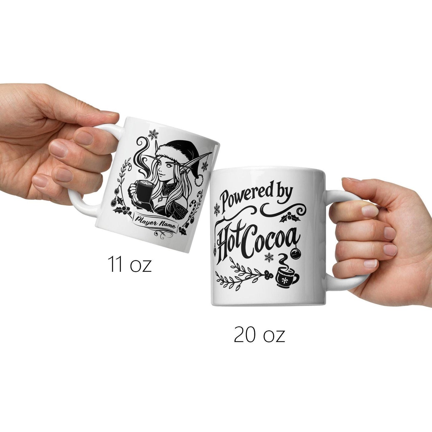 Personalize Powered by Hot Cocoa Gamer Girl Coffee Mug, World of Warcraft Gamer Girl Mug WoW D&D MTG Christmas Gamer Gift Holiday Gaming Cup