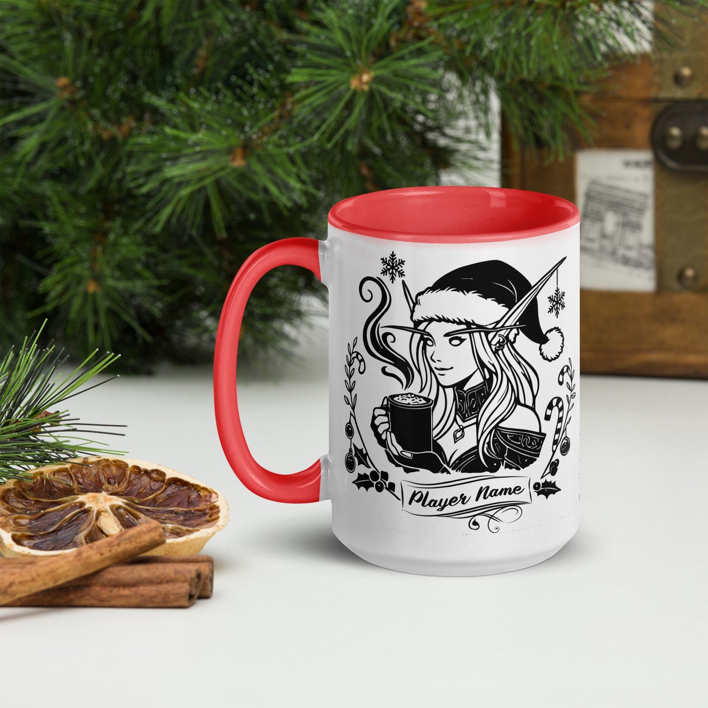 Personalize Powered by Hot Cocoa Gamer Girl Coffee Mug, World of Warcraft Gamer Girl Mug WoW D&D MTG Christmas Gamer Gift Holiday Gaming Cup