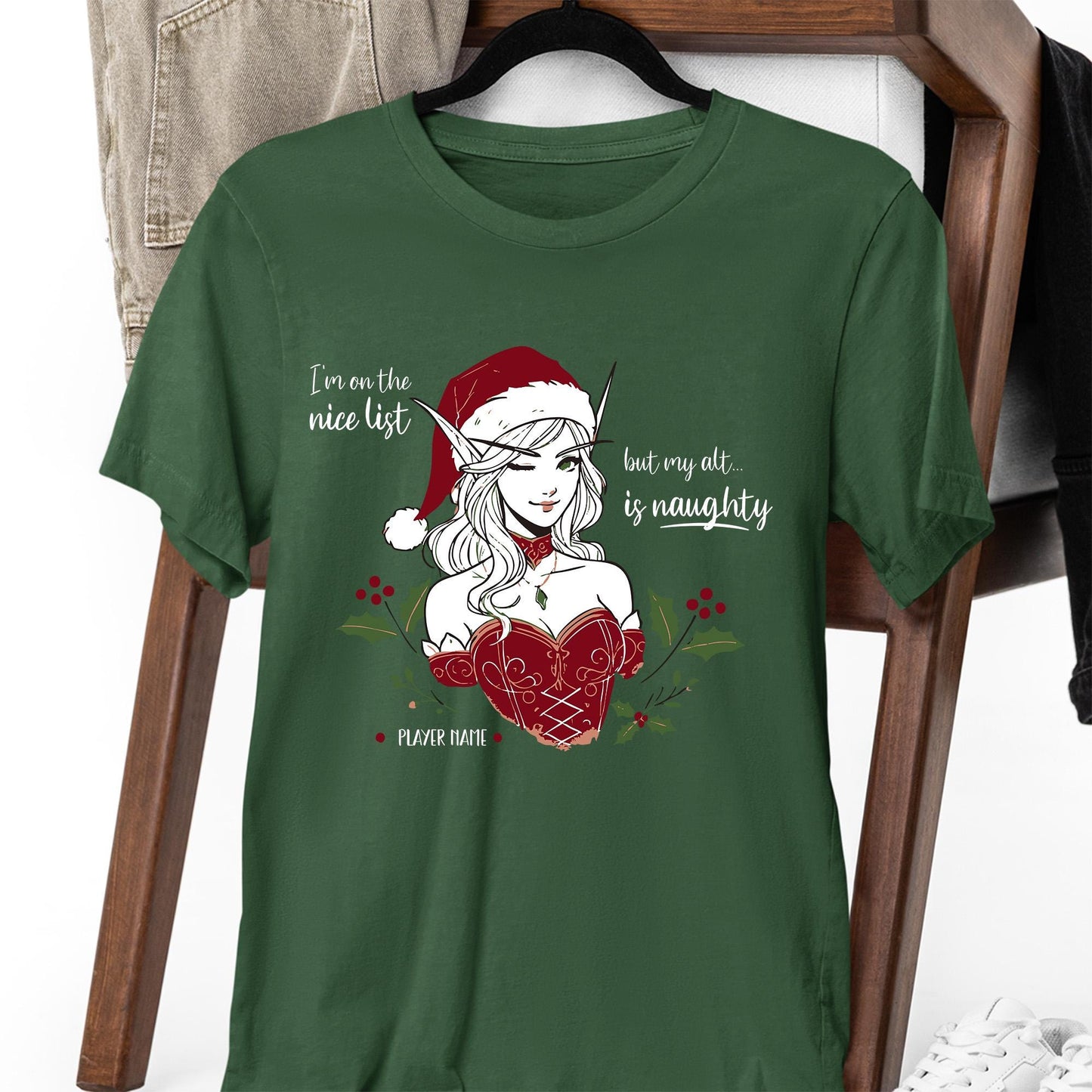 Funny WoW Gamer Girl Holiday Shirt – Playful Christmas apparel for World of Warcraft players with a naughty alt.