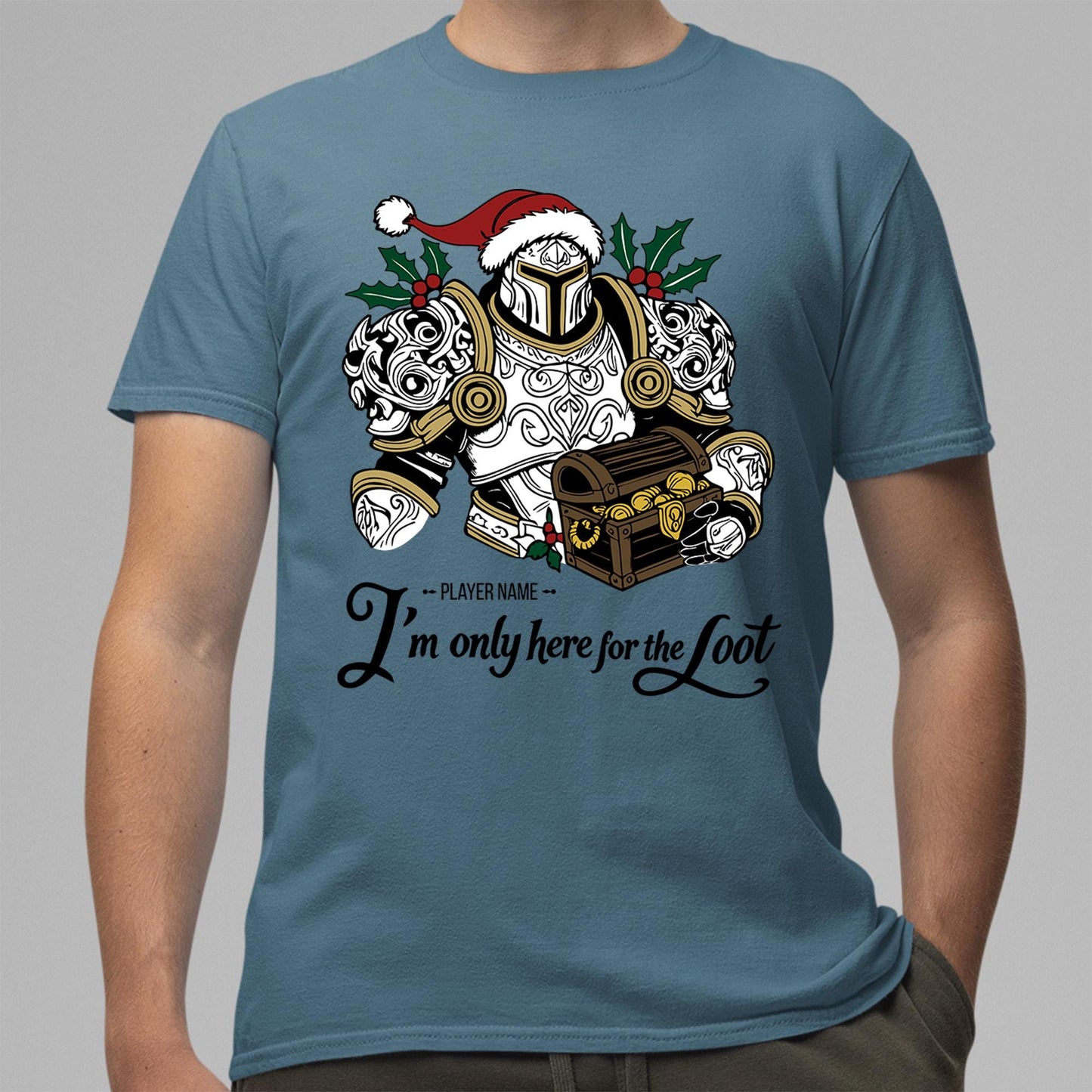 Custom Nerdy Gamer Holiday Shirt – Personalized Christmas t-shirt for RPG players who are just here for the loot.