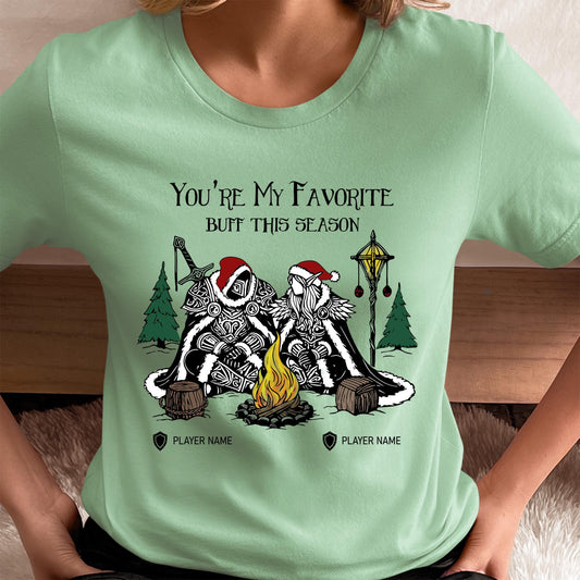 Personalize You&#39;re My Favorite Buff Christmas Couple Shirt – Custom WoW holiday shirt for gamer couples celebrating love and buffs.