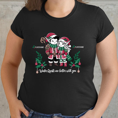 Gamer Couple Holiday Shirt with Custom Text – Personalized tee for gaming duos who spend winter raiding, questing, and leveling up.