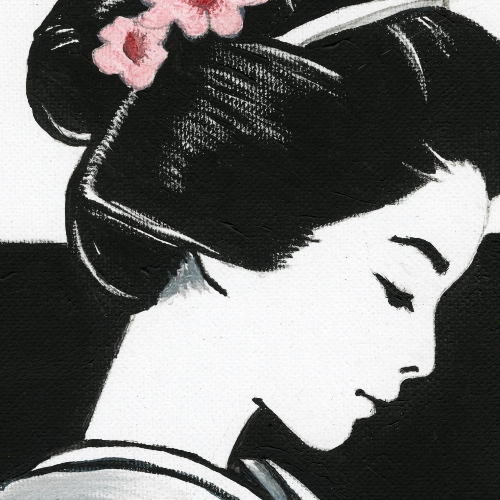 Japanese Geisha Kimono Acrylic Painting, Minimalist Modern Asian Wall Art Print, Elegant Oriental Woman Home Decor Zen Inspired Cultural Art