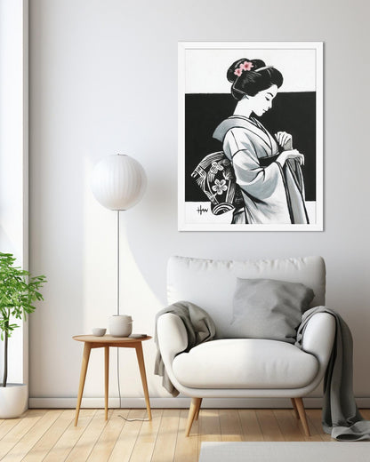 Elegant Japanese geisha in kimono captured in a minimalist modern acrylic painting, ideal for Asian-inspired home decor and cultural wall art lovers.