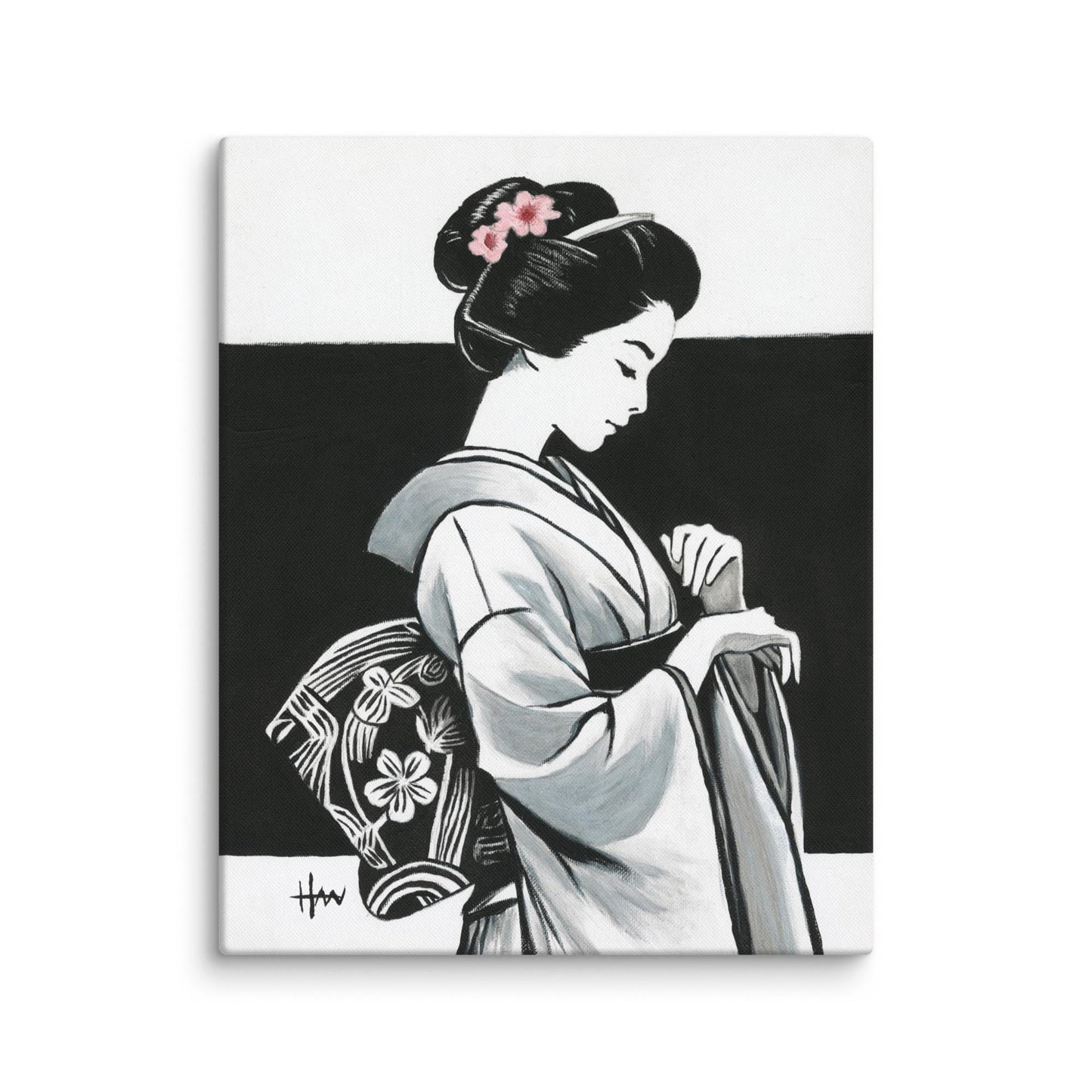 Minimalist modern Asian wall art print of a Japanese geisha wearing a traditional kimono, elegant cultural artwork for zen-style home interiors.