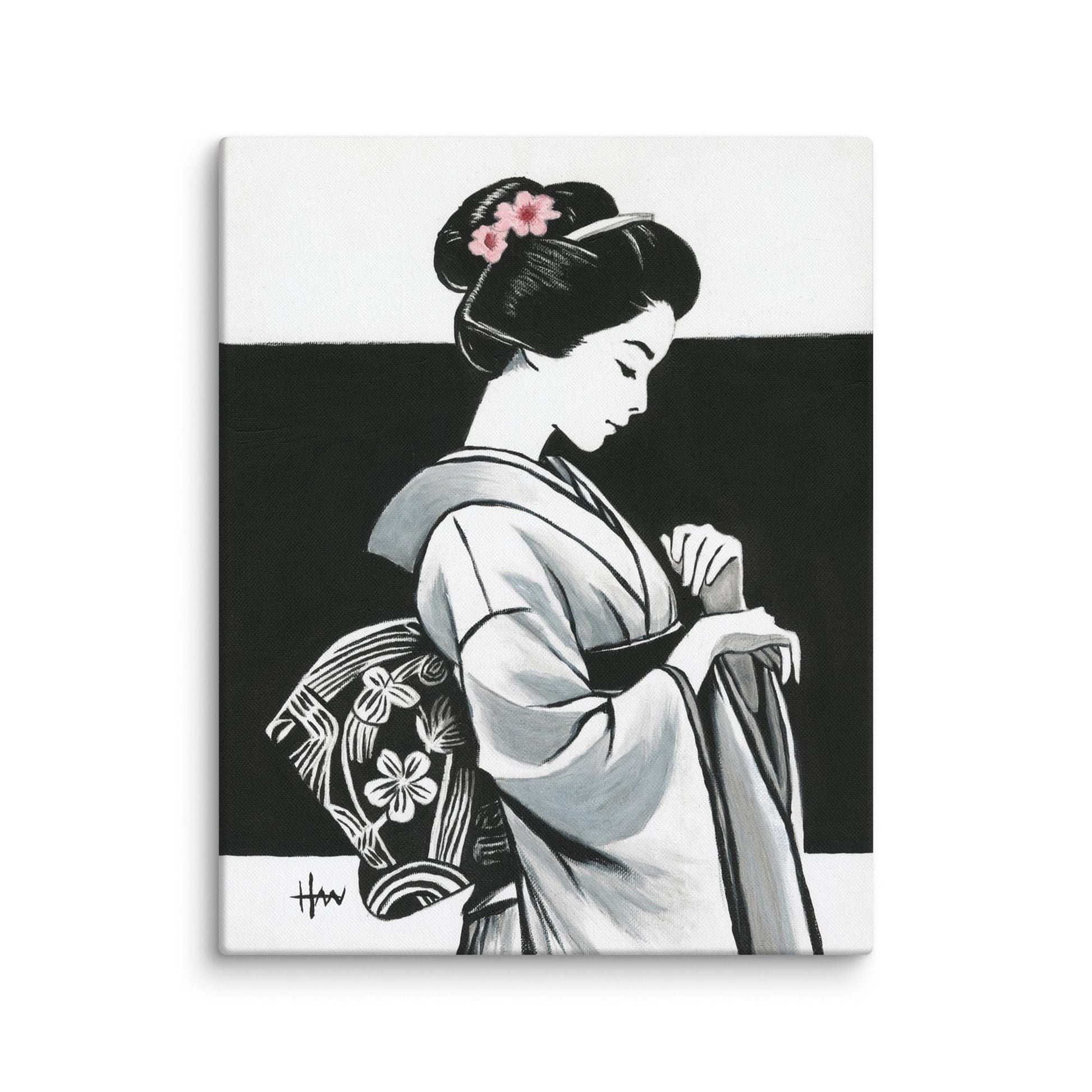 Minimalist modern Asian wall art print of a Japanese geisha wearing a traditional kimono, elegant cultural artwork for zen-style home interiors.