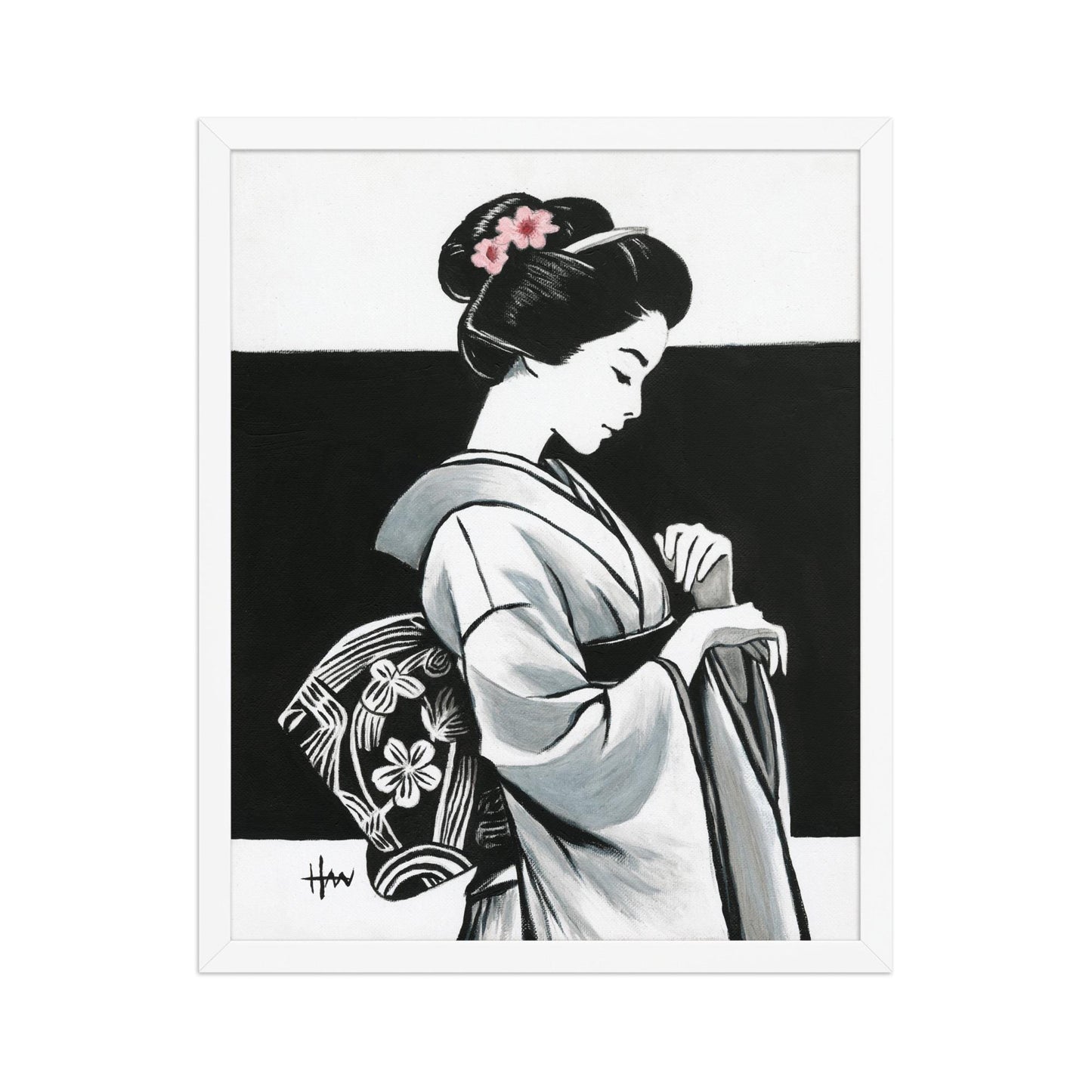Modern Japanese geisha wall art print, featuring acrylic painting of a kimono-clad oriental woman, perfect for elegant Asian-style home decor.
