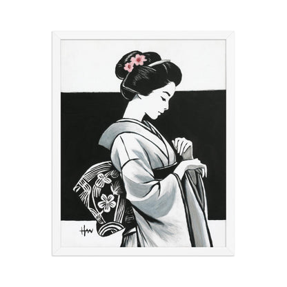 Modern Japanese geisha wall art print, featuring acrylic painting of a kimono-clad oriental woman, perfect for elegant Asian-style home decor.