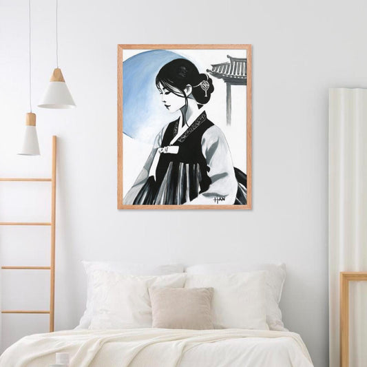 Korean Art Hanbok Acrylic Painting Print featuring a traditional Asian woman in hanbok dress, perfect for modern minimalist Korean culture decor and Seoul-inspired wall art.