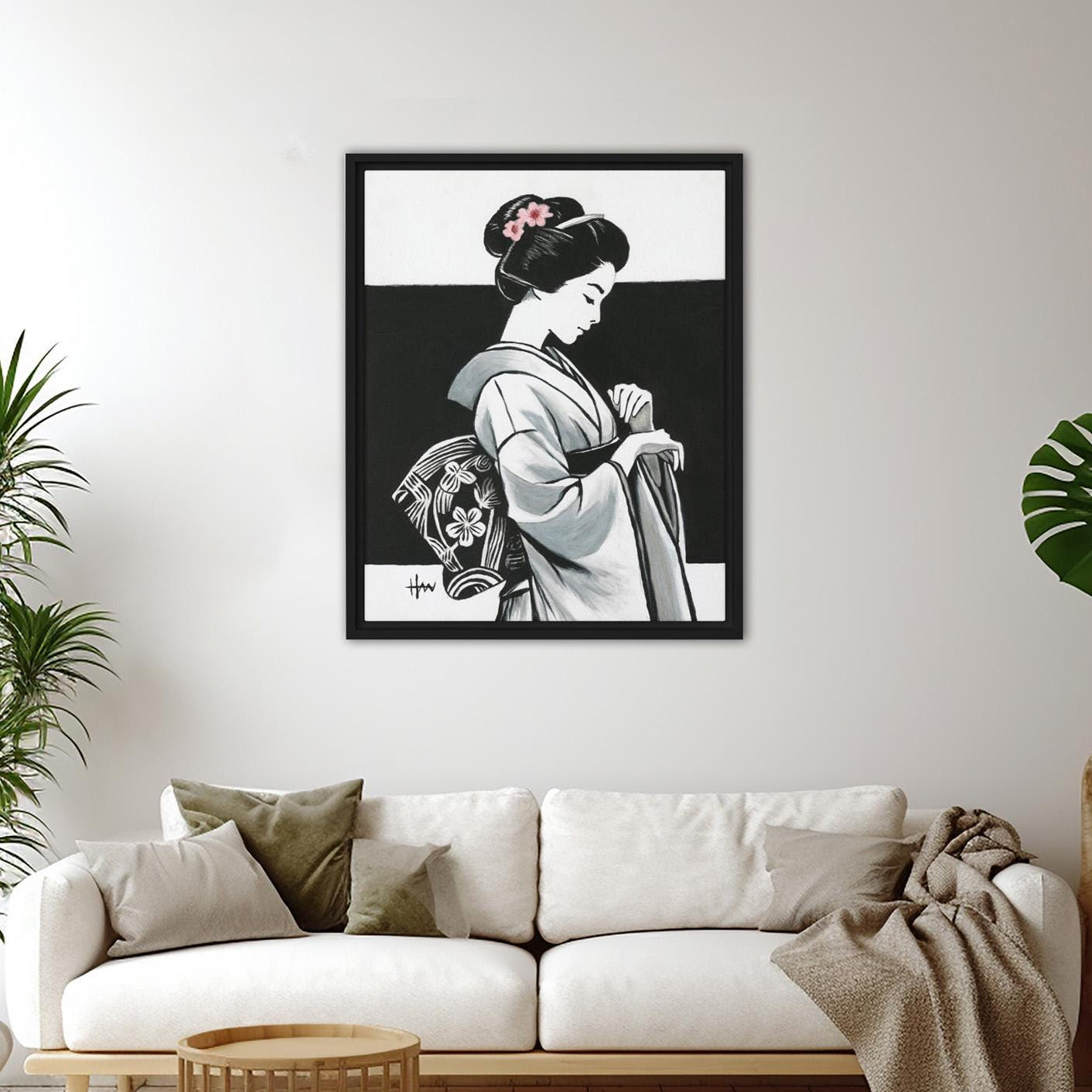 Japanese Geisha Kimono Acrylic Painting featuring an elegant oriental woman, perfect minimalist modern Asian wall art print for zen-inspired home decor.