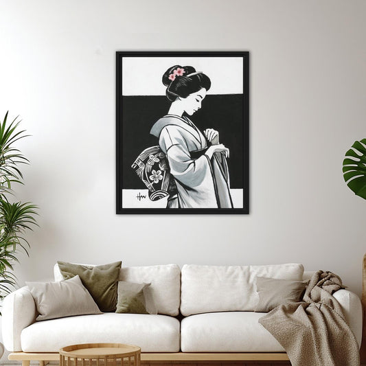 Japanese Geisha Kimono Acrylic Painting featuring an elegant oriental woman, perfect minimalist modern Asian wall art print for zen-inspired home decor.