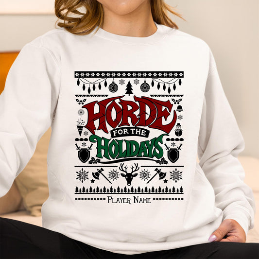 Horde for the Holidays Ugly Christmas Sweater – Festive WoW gamer sweatshirt featuring Horde pride, perfect for holiday parties and cozy raids.