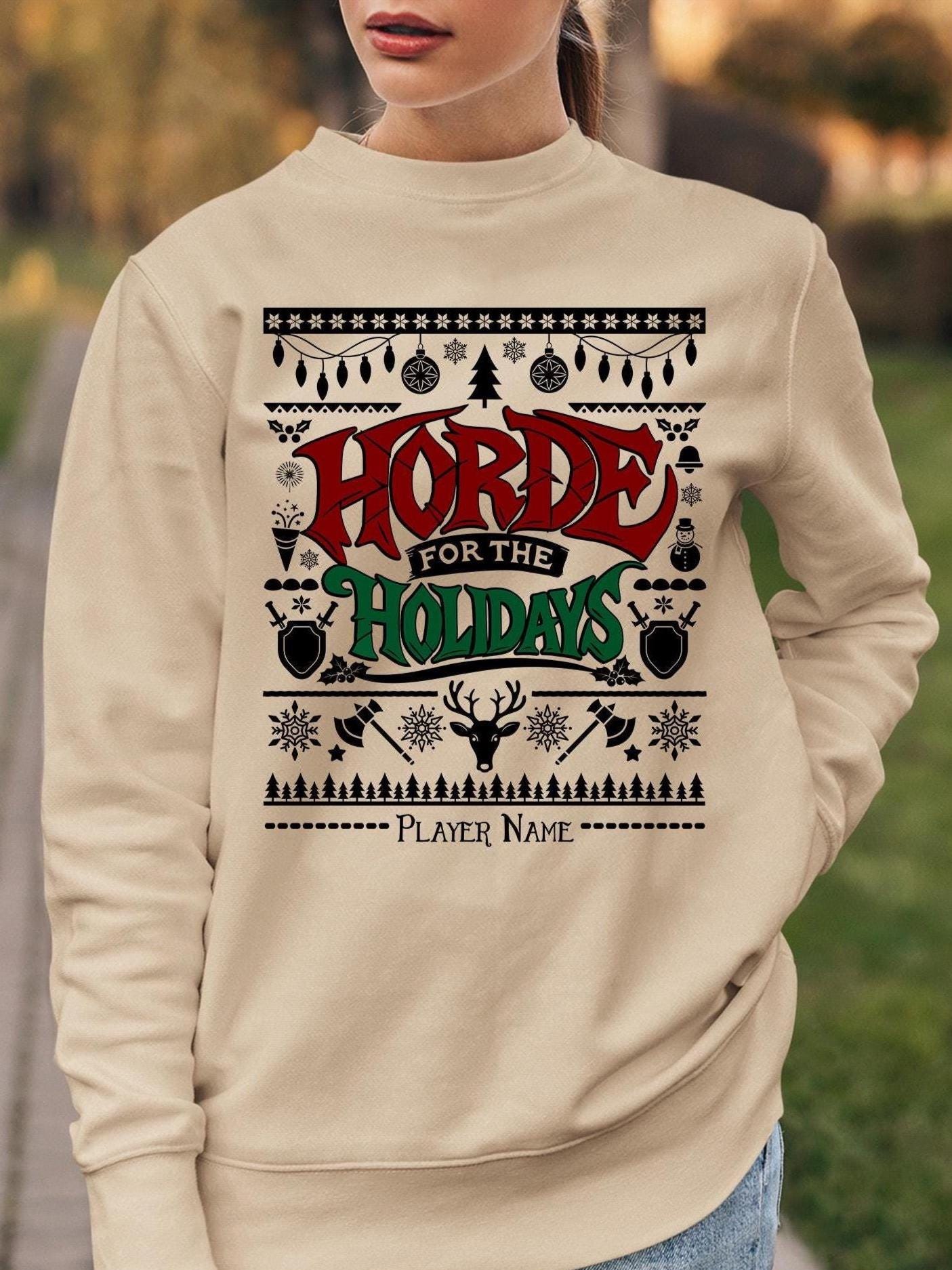 WoW Holiday Gamer Cozy Sweatshirt – A must-have Christmas gift for Horde players who love fantasy gaming and staying warm in style.