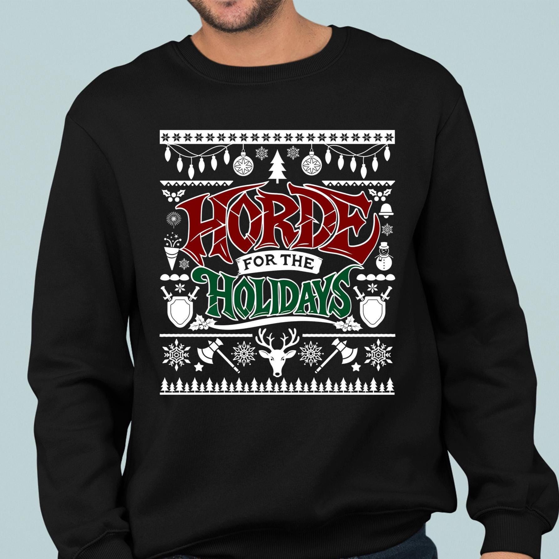 Horde Xmas Holiday Nerd Gift – Unique Warcraft-themed ugly sweater designed for RPG geeks, MMO lovers, and die-hard Horde supporters.