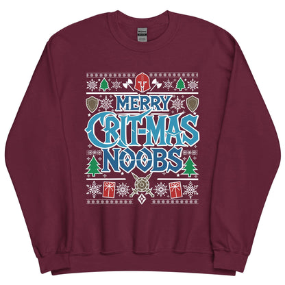 Merry Crit-Mas Noobs Ugly Christmas Sweater, Warcraft Gamer Holiday Sweatshirt WoW D&D MTG Holiday Cozy Sweatshirt Nerd Fantasy Gaming Gift