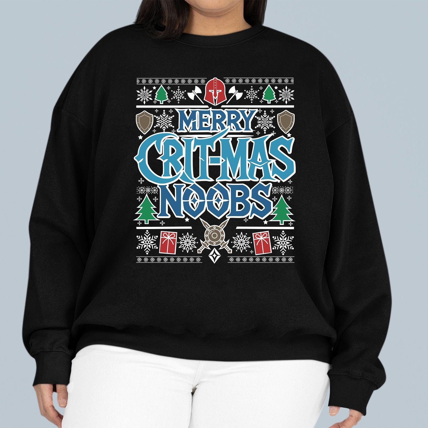 Merry Crit-Mas Noobs Ugly Christmas Sweater – Funny holiday gamer sweatshirt for WoW, D&D, and MTG fans who love critical hits and cozy gaming.