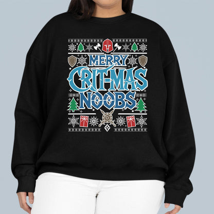 Merry Crit-Mas Noobs Ugly Christmas Sweater – Funny holiday gamer sweatshirt for WoW, D&D, and MTG fans who love critical hits and cozy gaming.