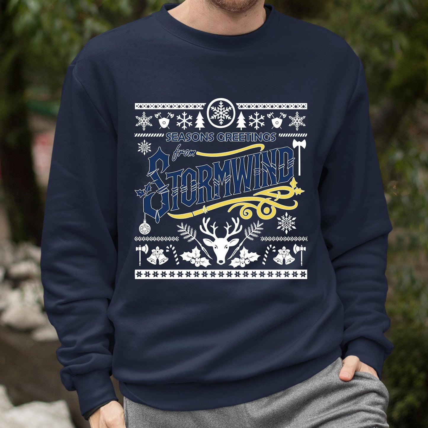Alliance Themed Ugly Christmas Sweater – Personalized Warcraft holiday sweatshirt ideal for festive guild parties and gaming nights.