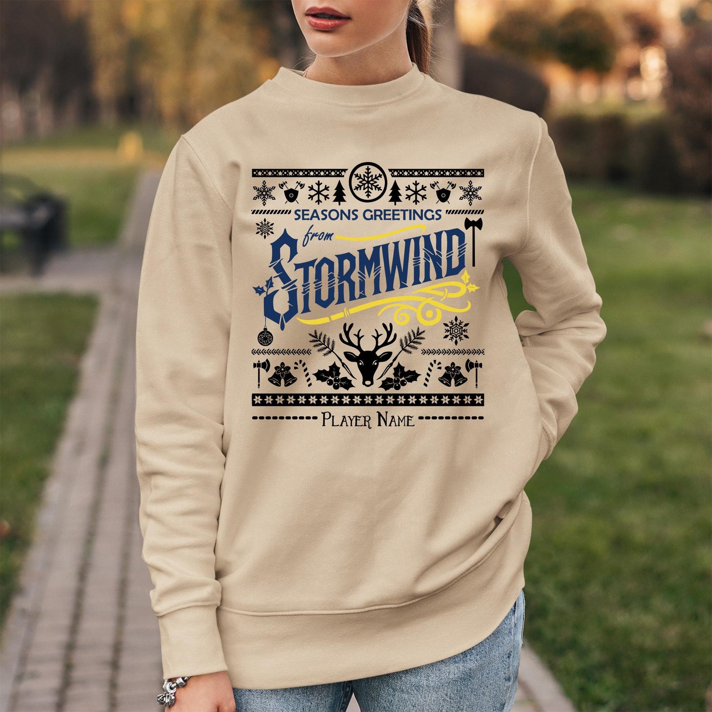 WoW Gamer Holiday Sweatshirt – Funny and cozy Christmas sweater for RPG players, featuring Alliance pride and holiday cheer.