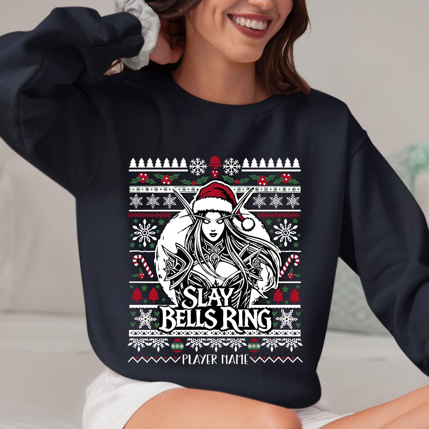 WoW D&D MTG Gamer Girl Cozy Sweatshirt – Fun holiday apparel for tabletop and MMORPG players who love nerdy Christmas style.
