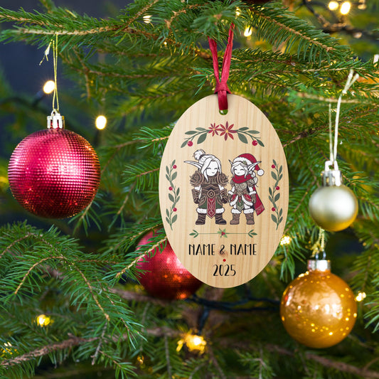 Personalize Gaming Elves Couple Christmas Ornament – Custom holiday ornament for gamer couples who love WoW, DnD, and RPG adventures.