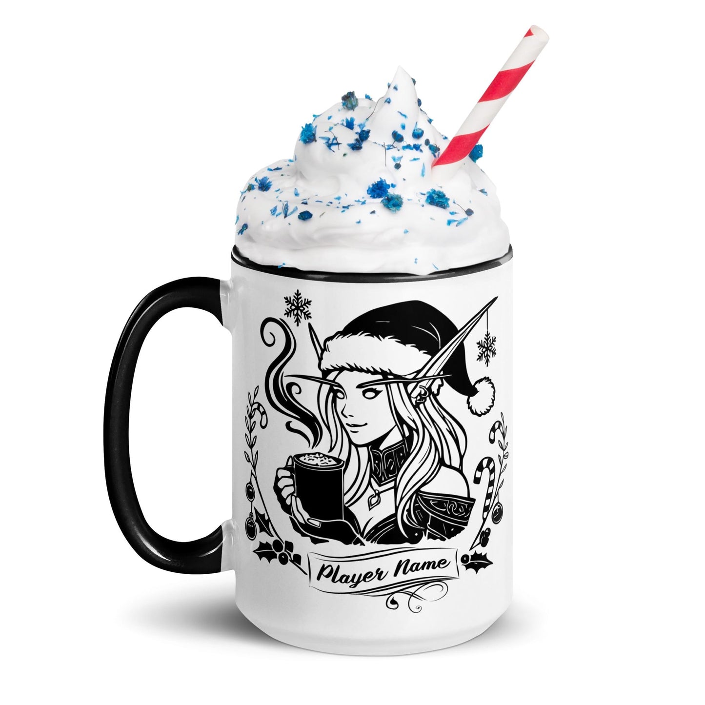 Personalize Powered by Hot Cocoa Gamer Girl Coffee Mug, World of Warcraft Gamer Girl Mug WoW D&D MTG Christmas Gamer Gift Holiday Gaming Cup
