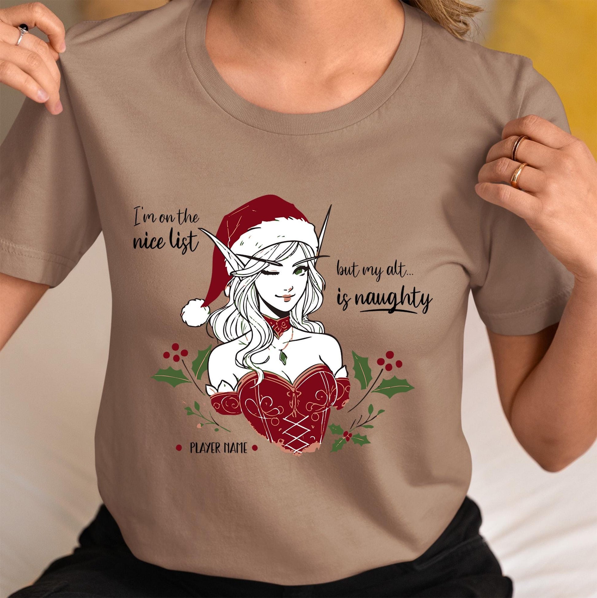 Custom Gamer Girl Christmas Gift Shirt – Personalized holiday t-shirt for fantasy gamers who balance nice and naughty.