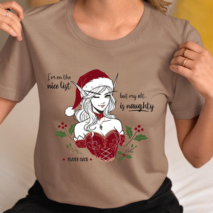 Custom Gamer Girl Christmas Gift Shirt – Personalized holiday t-shirt for fantasy gamers who balance nice and naughty.