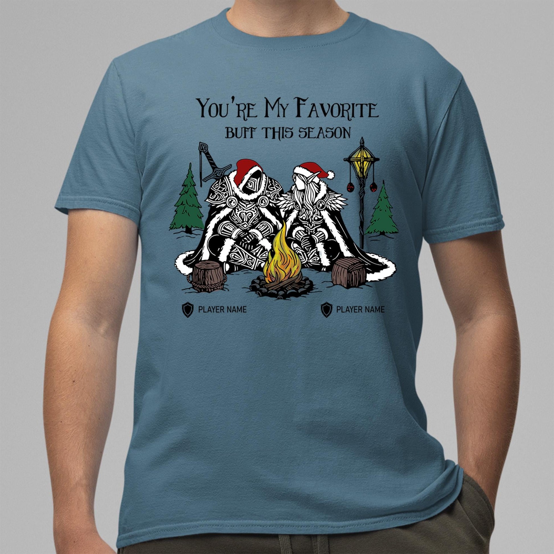 Buff-Themed World of Warcraft Holiday Shirt – Fun and flirty tee for gamer duos who boost each other all season long.