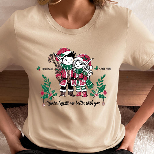 Personalize Winter Quests are Better With You Couple Shirt – Custom holiday shirt for gamer couples who love adventuring together.