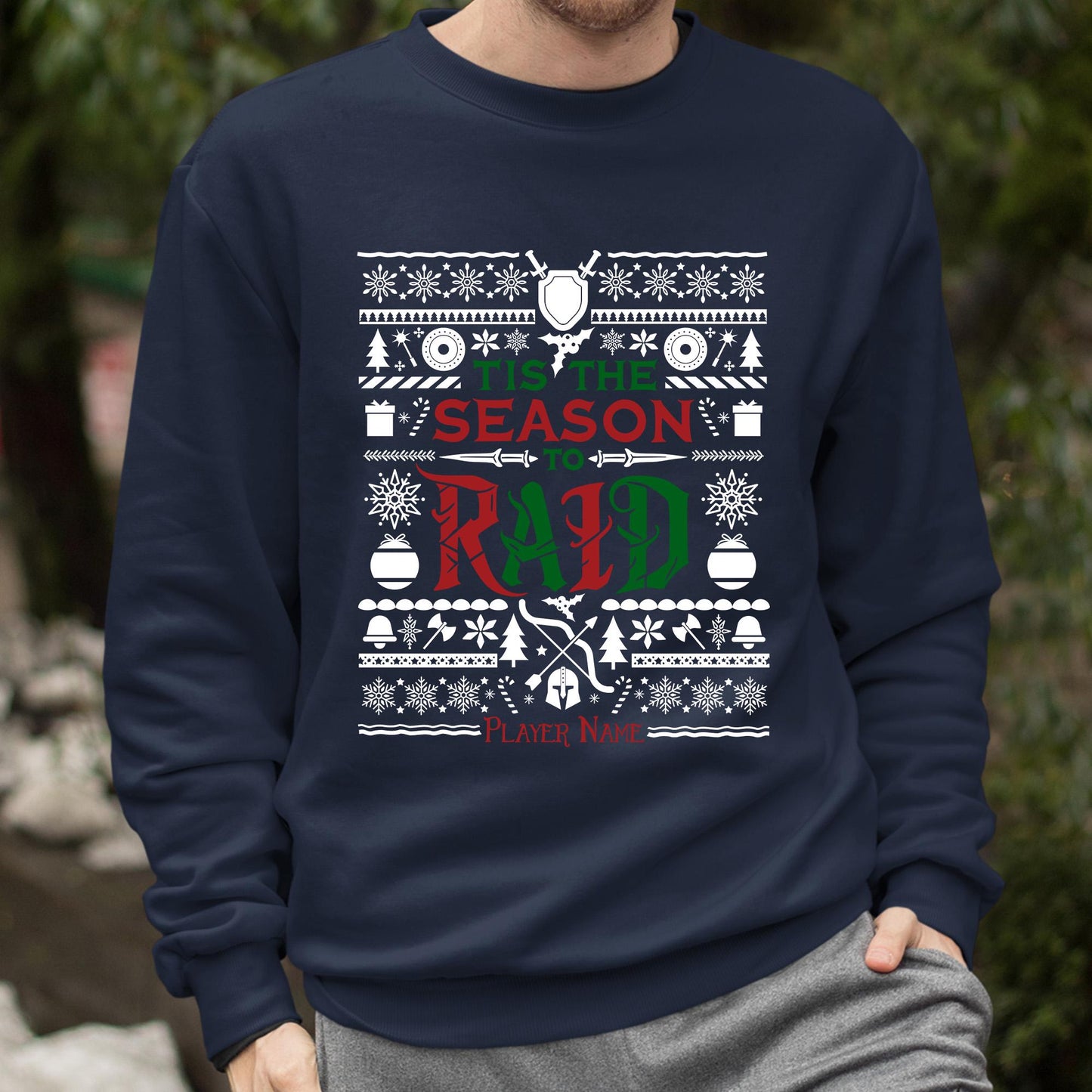 Personalize Tis the Season to Raid Christmas Sweater, World of Warcraft Christmas Holiday Sweatshirt Nerdy Gamer WoW DnD MTG Holiday Gift